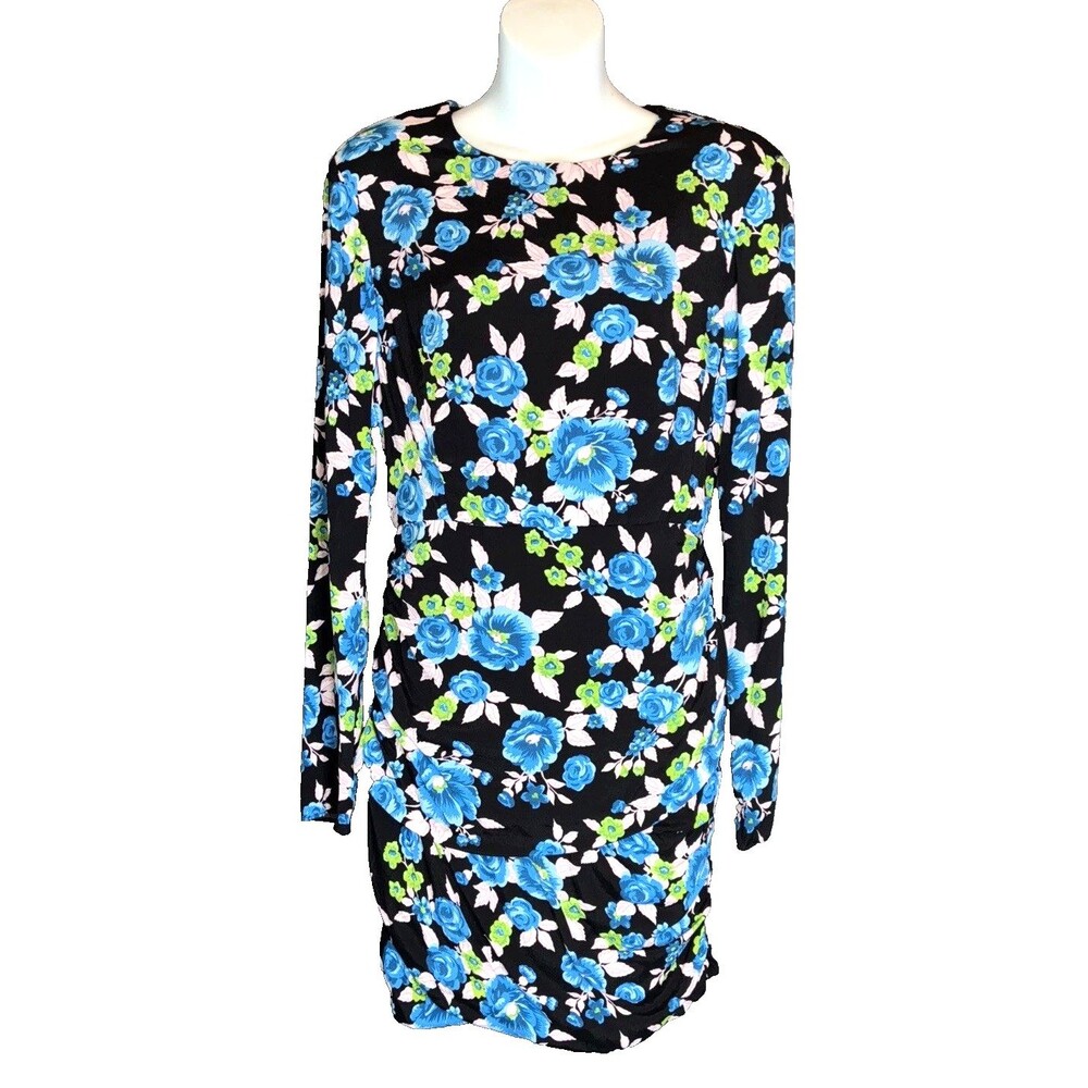 Zara Open Back Ruched Pencil Dress Sz L Blue Floral Structured Cottage Romantic